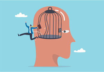 Freedom, break free from prison of thinking, inspiration or think out of the box, psychology or mental therapy, emotional concept, confidence businessman jump out of cage in his head for freedom