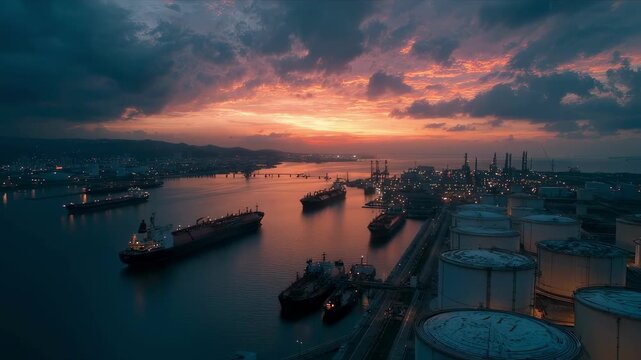 Aerial perspective showing a bustling LNG terminal with several ships docked and offloading arms in action surrounded by towering storage tanks and loading facilities under a dramatic