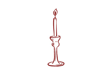 Hand-Drawn Wedding Clipart Simple red line art illustration of a burning candle in holder isolated on transparent background