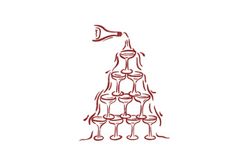 Hand-Drawn Wedding Clipart Stylish red liquid pouring into elegant glass tower illustration isolated on transparent background