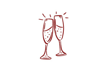 Hand-Drawn Wedding Clipart illustration of two red champagne glasses toasting isolated on transparent background