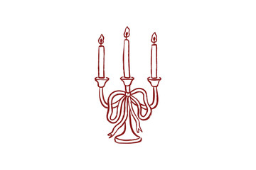 Hand-Drawn Wedding Clipart red outline candelabra with three lit candles and bow isolated on transparent background