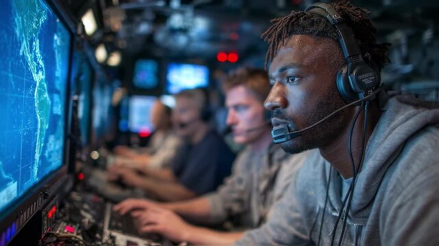 Inside a simulated ships command center trainees practice emergency communication skills utilizing headsets and microphones as they respond to distress calls and coordinate search and