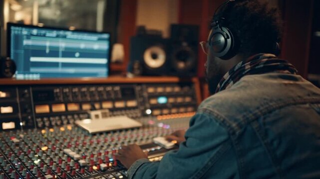 Cinematic Close-Up of a Music Producer in a Studio, Back Facing the Camera as the Shot Pans Slowly Toward a Digital Audio Workstation, Capturing Focus, Creativity, and High-Tech Music Production