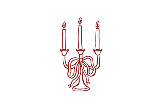 Hand-Drawn Wedding Clipart red outline candelabra with three lit candles and bow isolated on transparent background