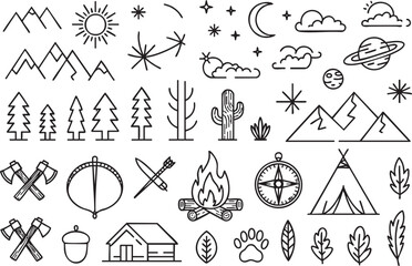 Seamless Camping and Wilderness Pattern Featuring Nature Icons and Outdoor Elements