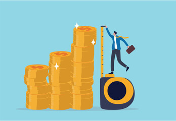 Investment measurement or benchmark, ROI, return on investment, wealth monitoring with financial goal or target concept, businessman investor using measuring tape to measure money coins stack height.