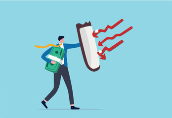 Future proof wealth management, inflation protection or protect from stock market crash, investment stock in market downturn concept, businessman investor holding shield to protect from red arrow bow.