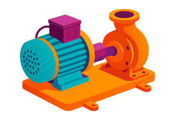 Vibrant isometric view of a powerful centrifugal water pump connected to an electric motor for industrial fluid transfer