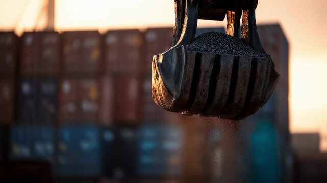 A closeup shot of a grab bucket mechanism releasing a load of gravel into a waiting truck the metal bucket gleaming in the sunlight against a backdrop of towering shipping containers.