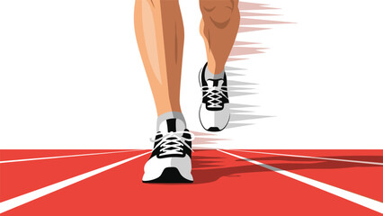 Dynamic runner's legs and sneakers pounding down a vibrant red track toward success and fitness goals