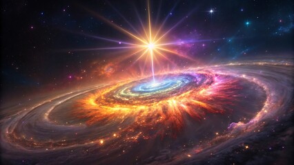 A vibrant cosmic nebula with a bright central star emitting a powerful beam of light into space