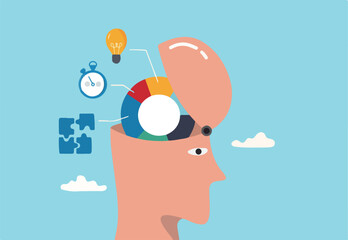 Cognitive ability skill to think and process solution or idea to solve problem in timely manner, intelligence, knowledge or aptitude test, human head brain with pie chart of idea, solution and time
