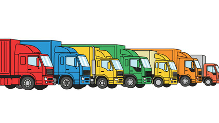 Colorful cartoon trucks lined up for delivery and logistics ready for transport to their destination with happy transport drivers