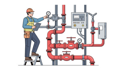 Professional technician meticulously inspecting pressure gauges on complex industrial fire sprinkler system infrastructure