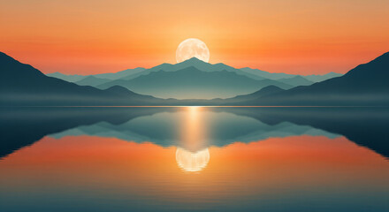 Serene mountain reflection at sunrise over calm water