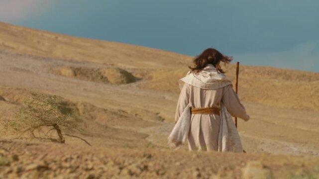 A detailed slow motion close-up showing the feet of a traveler clad in ancient rope sandals, standing beside a prominent rock on parched, cracked earth. 