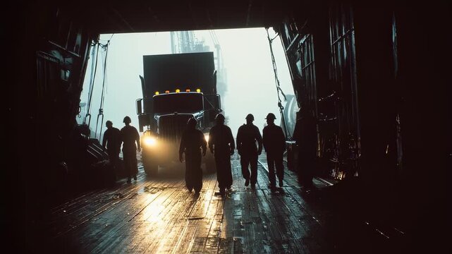 An atmospheric shot highlighting the teamwork involved with silhouettes of crew members against the stark lighting of the cargo deck as they maneuver heavyduty lashing equipment to