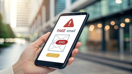 Hand holding phone displaying fake email and sms warning in an urban outdoor environment scene