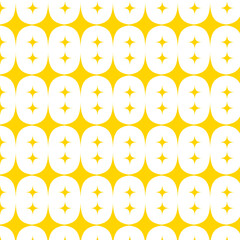 Seamless retro yellow pattern with white ovals and geometric stars. 