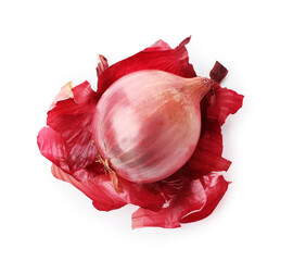 Fresh red onion with peels isolated on white, top view