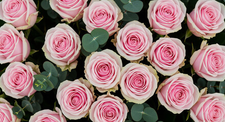 Soft pink roses with green eucalyptus leaves close up