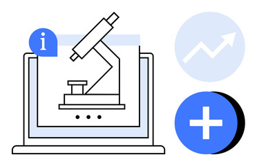 Research concept. Research graphic a digital microscope on a laptop screen, data growth symbol, and medical plus icon. Research for science, analytics, innovation, education, healthcare
