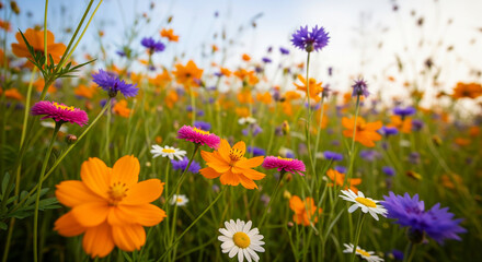 Fototapeta premium Vibrant wildflower meadow under a soft sky