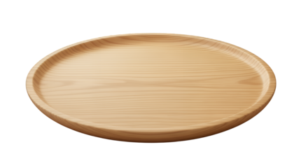 Realistic light brown round wooden serving tray with a smooth finish, perfect for food presentation or home decor, isolated on transparent background for versatile use
