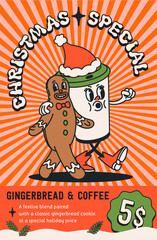 Christmas special groovy poster with Retro cartoon coffee cup and gingerbread character in festive style. Christmas coffee offer perfect for seasonal menus and holiday promotions