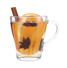 Tasty mulled wine with spices and orange slices in glass cup isolated on white