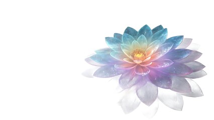 Obraz premium A single lotus flower with rainbow hues on a white background in the upper right corner of the image