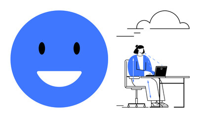 Work and happiness. happy face showing positivity while a woman uses a laptop in a clean workspace. Work-life balance concept combining happiness, productivity. For business, wellness, teamwork