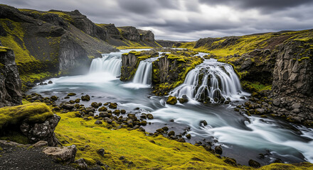 Majestic cascading waterfalls flow through a rugged green icelandic landscape