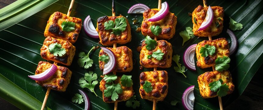 Traditional Paneer Tikka appetizer, smoky from the tandoor, on a sizzler platter with lemon