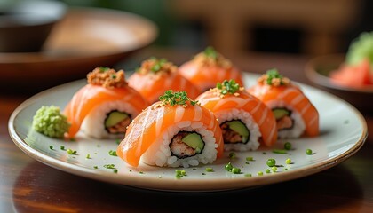 Fresh Salmon Sushi Rolls on Plate with Wasabi and Soy Sauce