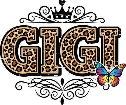 Leopard Print GIGI Graphic Design Vector Wild Animals Illustration Art Deco Pattern Decoration Calligraphy Sign Isolated Girly Illustration