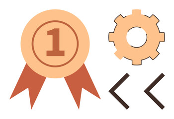 First-place ribbon with gear and code brackets conveys achievement, development, and programming. Ideal for technology, innovation, coding, leadership, competition quality teamwork themes. Simple