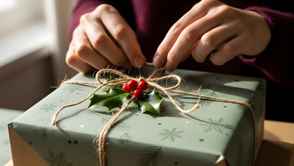 Crafting a thoughtful Christmas present with rustic twine and festive holly, adding a personal touch to holiday giving for cherished friends and family