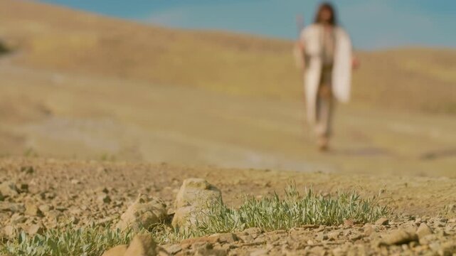 A lone Traveler in ancient-style clothing walks through a barren desert landscape, surrounded by sculpted sand formations and warm golden light. Cinematic scene evoking spirituality exploration.