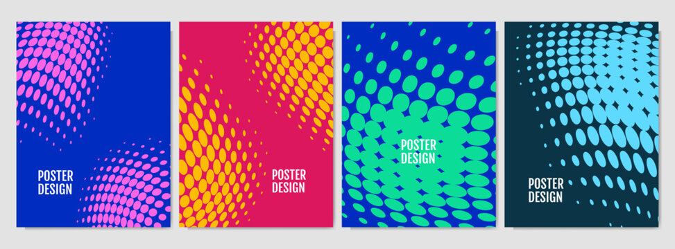 Vector illustration. Halftone colored dotted background set. Design for poster, invitation, journal, flyer, coupon, book cover. Vibrant, faded dots. Retro geometric banners collection