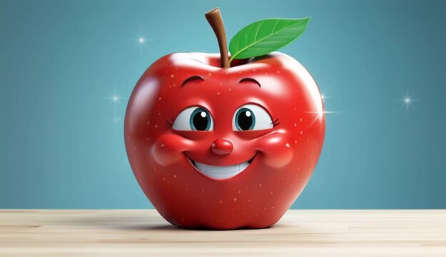 Cheerful cartoon red apple character with a friendly smiling face and bright blue eyes, happy fruit mascot