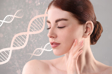 Beauty and science. Attractive woman against grey background with DNA