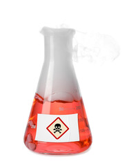 Obraz premium Poison in conical flask isolated on white. Laboratory glassware with skull and crossbones label