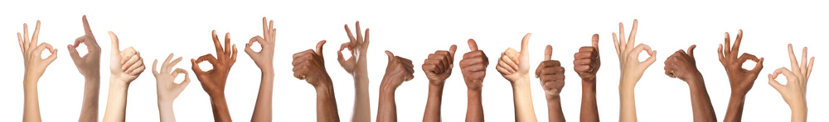 People showing thumbs-up and ok gestures on white background, closeup of hands. Collection
