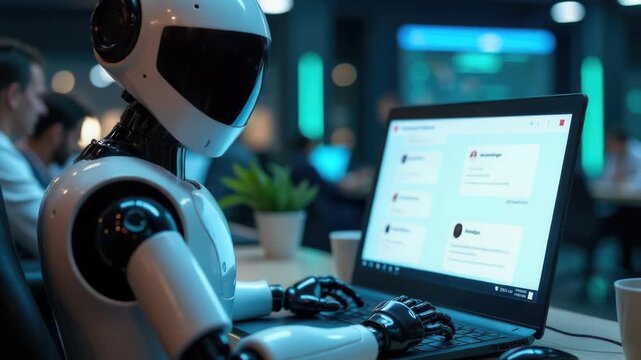 Video A robot sitting at a desk with a laptop open