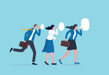 Business secret, corporate communication or viral advertising, rumor spread or colleague gossip confidential information concept, business people coworkers whispering gossip secret to team members.