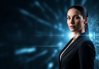 Confident businesswoman with a modern tech background ready to lead your company into the future and create innovative solutions for success