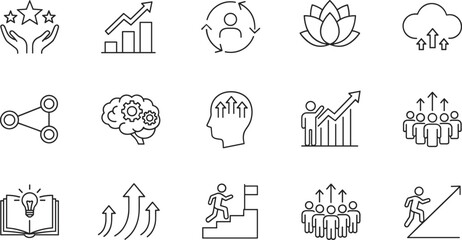 Business success, personal growth, achievement, and development icon set for corporate training, leadership, motivation, strategy, and improvement process.