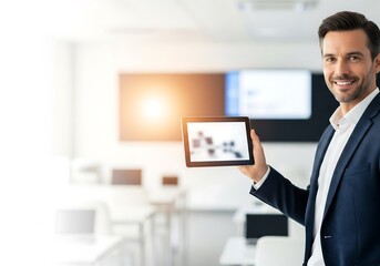 Professional businessman presents data insights on tablet in bright office - use this compelling visual for your next corporate or tech campaign today